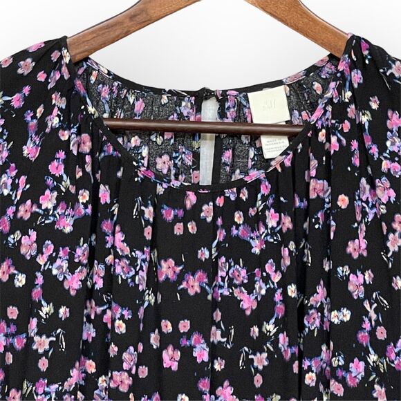 H&M Mini Dress Women Size XXL Black Floral Keyhole Viscose Half Puff Sleeve Boho - Picture 3 of 13